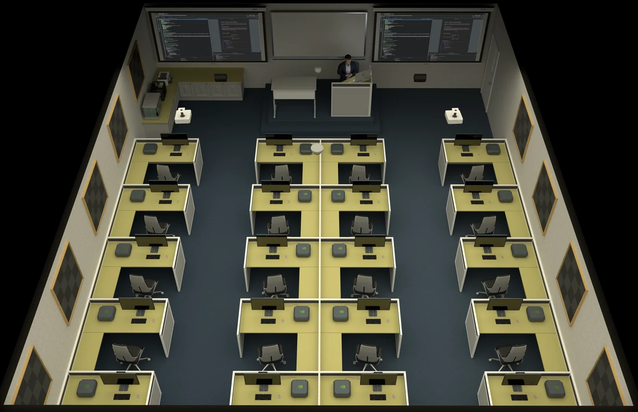 Illustrative photograph: A classroom of computer carrels